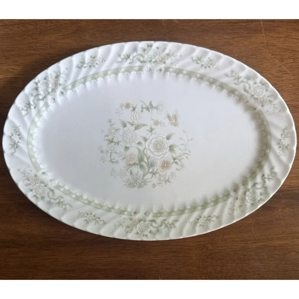 Oval Floral Ceramic Platter White Green Beige Butterfly Theme Made China